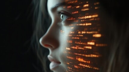Woman's face with glowing digital code overlay.