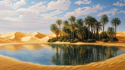 Oasis Surrounded by Sand Dunes and Lush Palm Trees Under Blue Sky