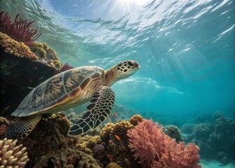 Obraz premium Hawksbill Sea Turtle Grazing Coral Reef - Vertical Double Exposure Stock Photo