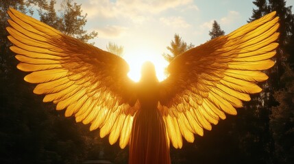Woman with large golden wings at sunset.