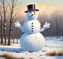 Obraz premium Illustration of snowman with winter landscape.