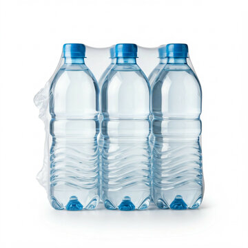 three plastic bottles of water in shrink wrap on white background