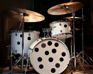 Fototapeta premium A stylish white drum set with black dot designs, set up and ready for performance in a moody lighting environment.