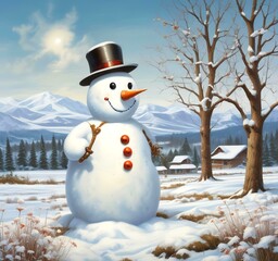 Obraz premium Illustration of snowman with winter landscape.