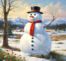 Obraz premium Illustration of snowman with winter landscape.