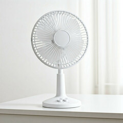 white small desk fan on a white table in a bright room