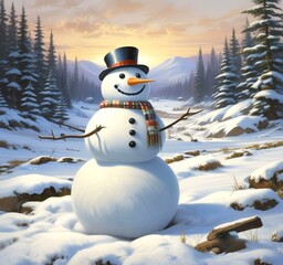 Obraz premium Illustration of snowman with winter landscape.