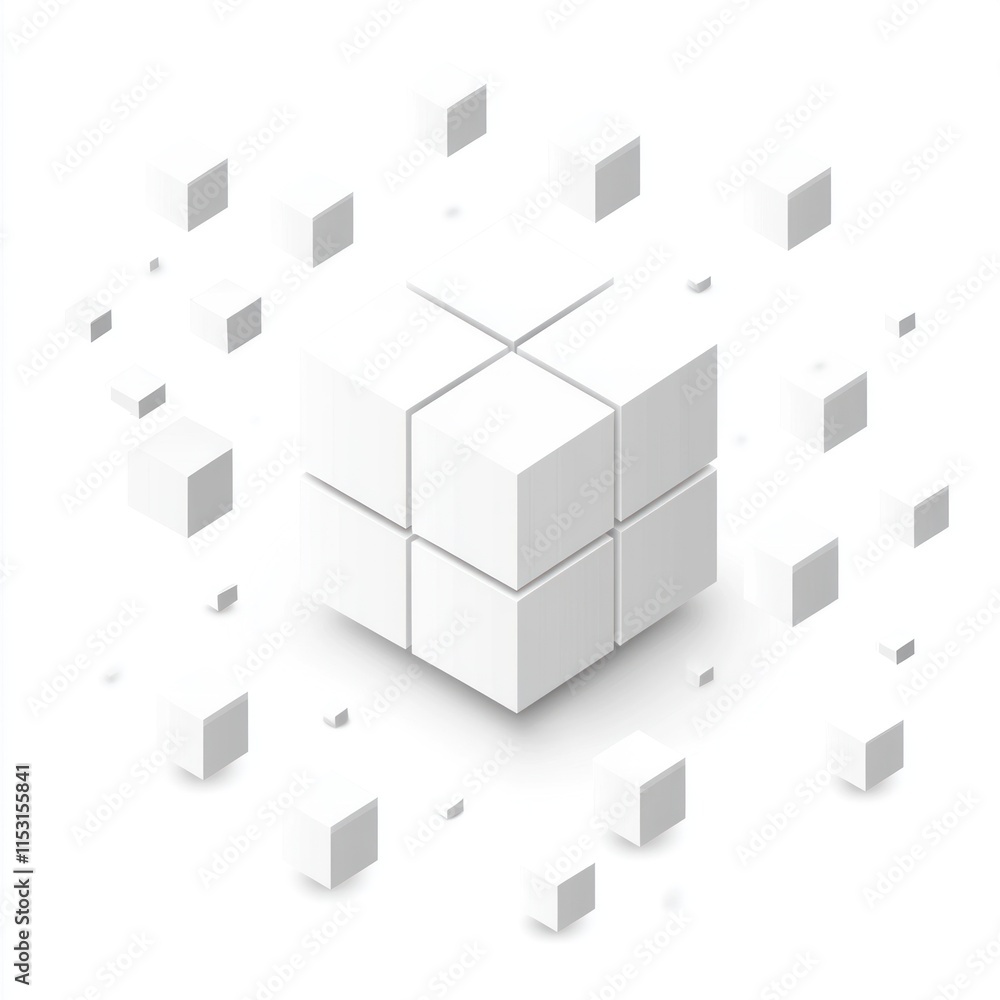 Poster abstract 3d cube composed of smaller cubes, exploding outwards.