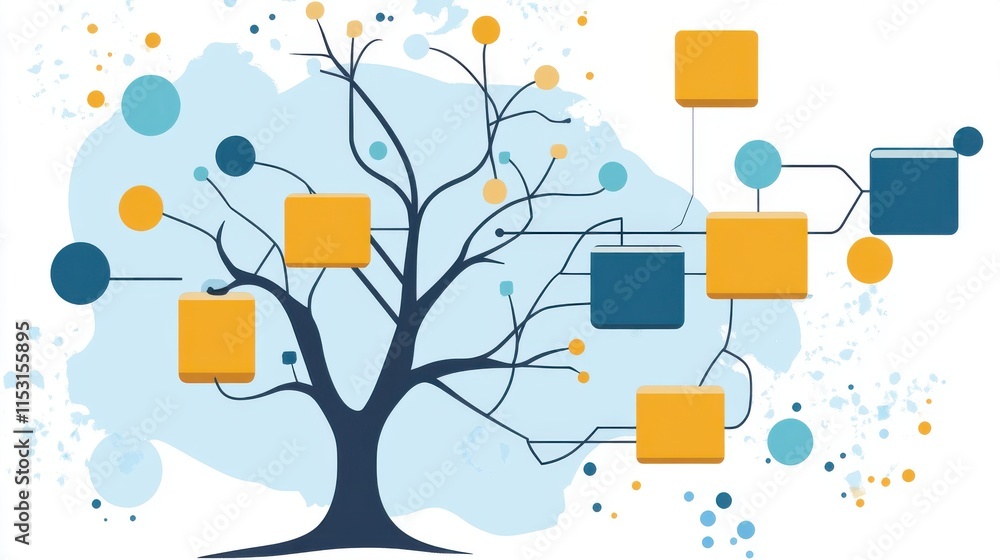 Aufkleber an abstract illustration depicting a tree with colorful nodes and branches, symbolizing growth and c