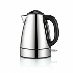 shiny stainless steel electric kettle with black handle and lid isolated on white background