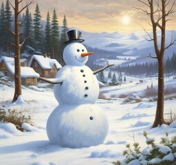 Obraz premium Illustration of snowman with winter landscape.