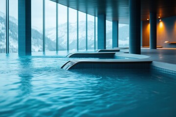 Obraz premium Serene Indoor Swimming Pool with Mountain View, Soft Lighting, and Modern Design, Inviting Tranquility and Relaxation in a Luxurious Spa Setting Amid Nature's Beauty