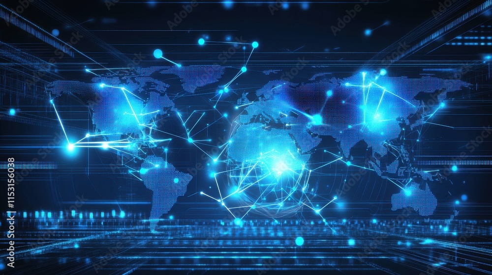 Poster a futuristic world map illuminated with neon blue connections, showcasing global networking and tech