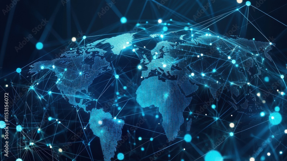 Poster abstract digital globe with interconnected nodes and bright blue highlights, representing global com