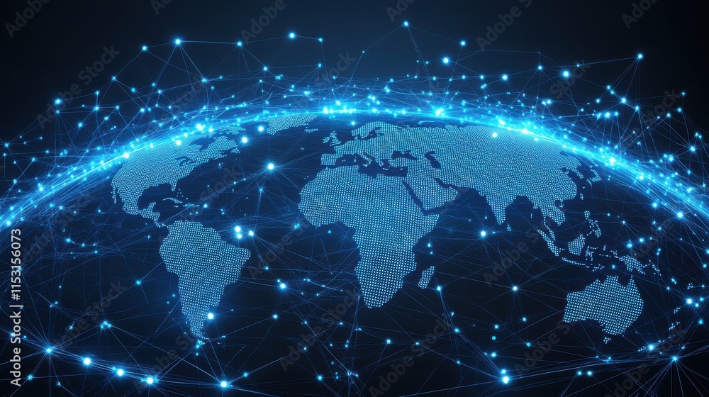 Poster a digital world map illuminated by interconnected nodes, showcasing global connectivity and technolo