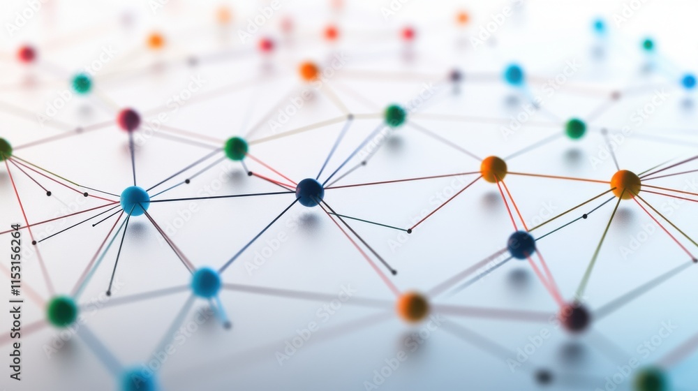 Poster colorful interconnected nodes representing a network or system in a modern design, creating an abstr