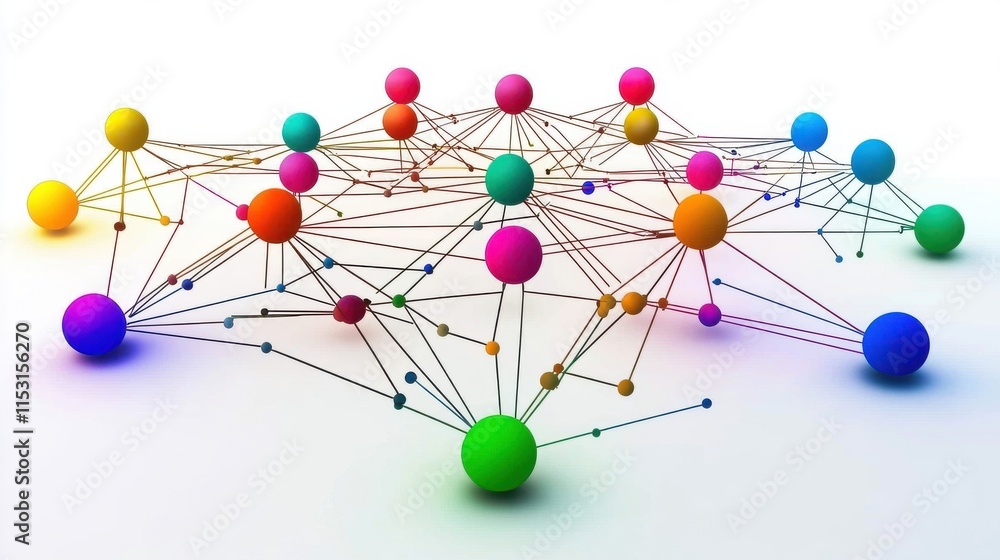 Poster colorful network of interconnected nodes, creating a sense of digital connectivity and collaboration