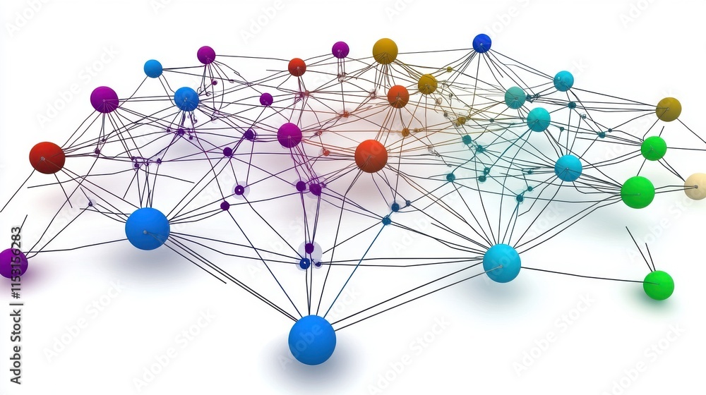 Poster colorful network of interconnected nodes representing data connections and relationships.