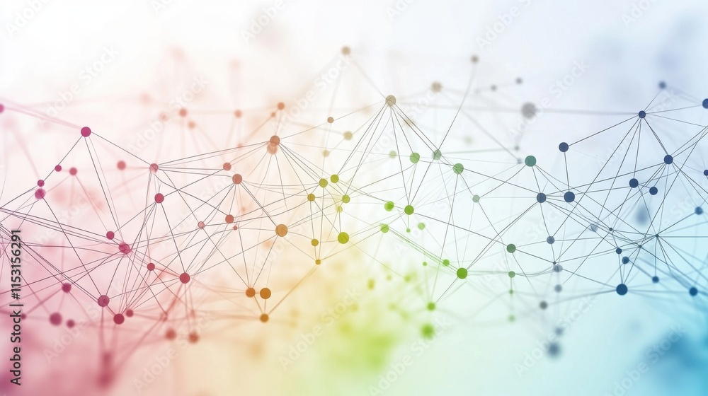 Poster abstract network visualization with colorful nodes and connecting lines, creating a vibrant and dyna