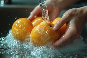 mangos,woman hands rinsing fresh mango under tap water, emphasizing tropical fruit hygiene, clean eating, and healthy snack preparation.