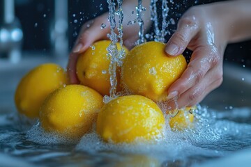 lemons, hands washing fresh yellow lemons under running water, promoting kitchen hygiene, food safety, and citrus fruit cleanliness.