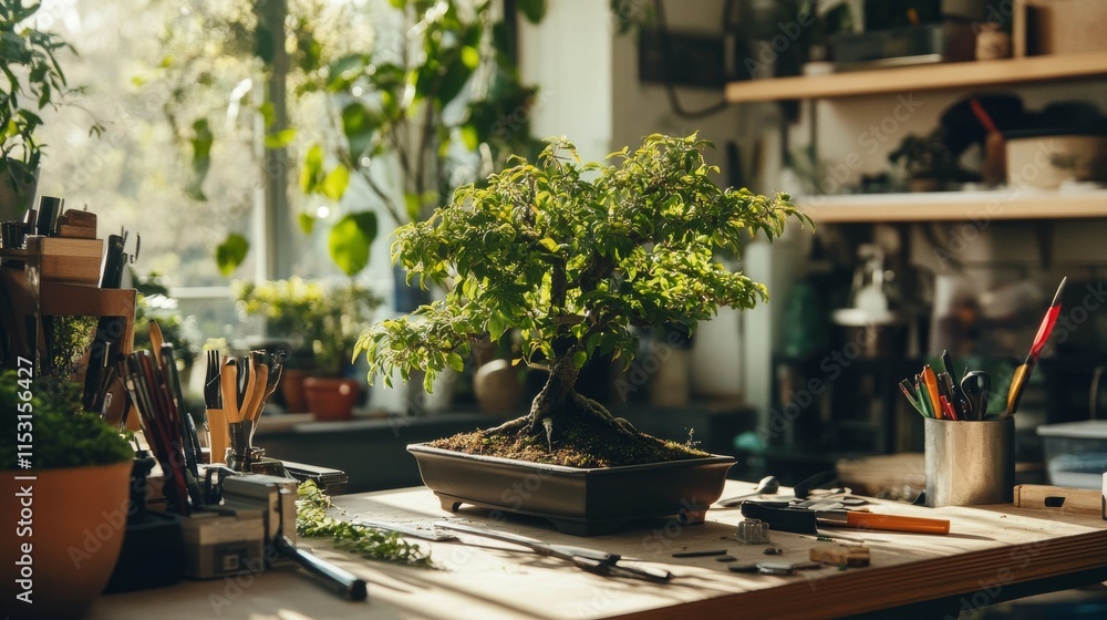 Poster a serene bonsai workspace with tools and miniature trees neatly arranged, a bright room with natural