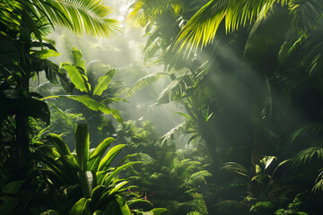 Lush Tropical Rainforest Sunlight Beams Through Canopy