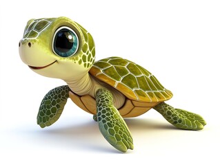 Adorable 3D cartoon baby sea turtle, playful and colorful, on a clean white background.  