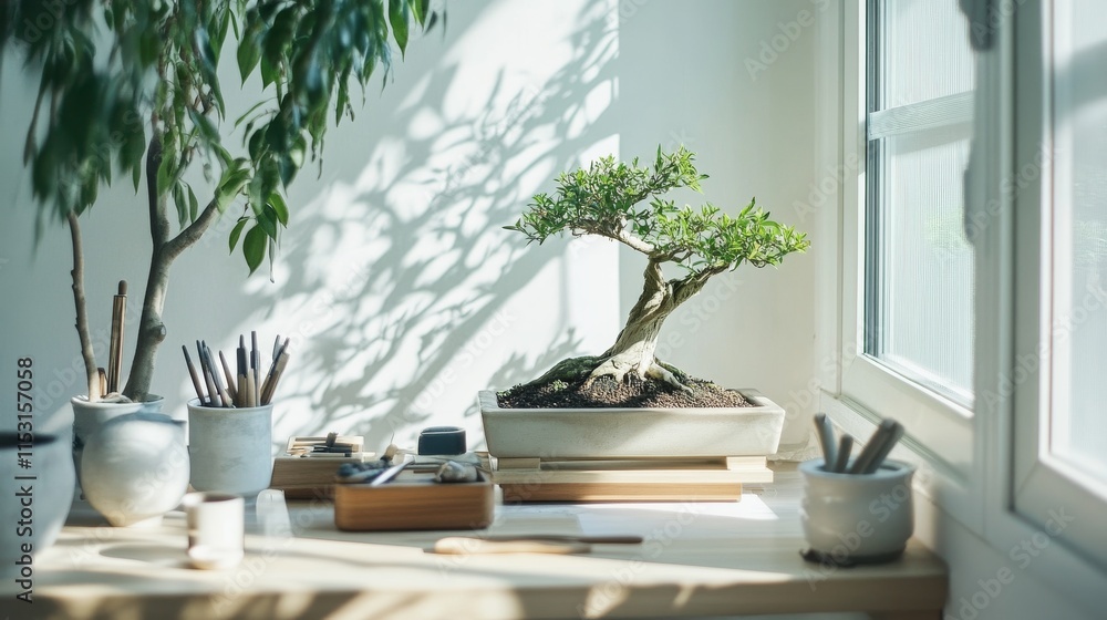 Poster a serene bonsai workspace with tools and miniature trees neatly arranged, a bright room with natural