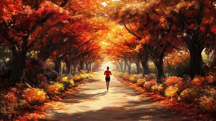 A female runner in a red shirt jogs through a vibrant autumn forest filled with orange and yellow leaves.