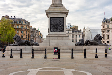 Trafalgar square lions at Nelson column, London, UK