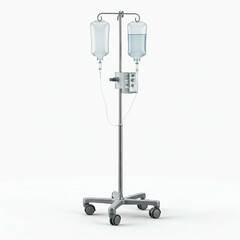 medical iv drip stand with two bags and infusion pump on white background