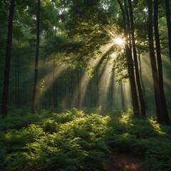 Fototapeta premium Beautiful rays of sunlight in a green forest.