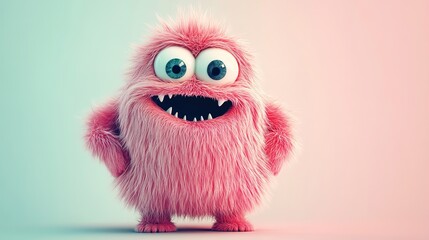 Fototapeta premium Adorable pink furry monster in 3D, bright and colorful, with a light background.