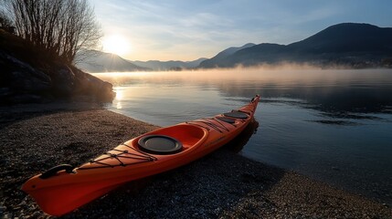 A vibrant orange kayak rests on a calm shoreline at sunrise, surrounded by misty mountains and serene lake water.