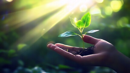 Vibrant Seedling Held Gently Against Blurred Green Background