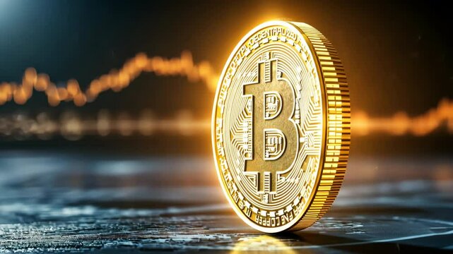 A glowing Bitcoin symbol stands boldly in the forefront, casting a bright light against a dark background