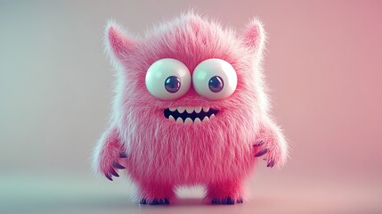 Fototapeta premium Cute 3D pink furry monster, lovely cartoon character with bright colors, set on a light background. 