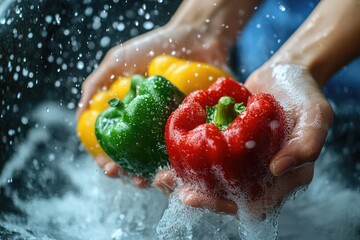 woman hands rinsing fresh red, yellow, and green bell peppers under tap water, promoting kitchen hygiene and healthy cooking habits.