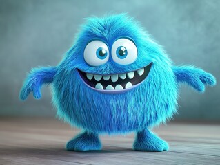 Adorable blue furry monster in 3D, bright and colorful, with a light background.