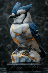 Fototapeta premium A blue jay sculpted from marble, with veins of gold highlighting its vibrant feathers and sharp beak,