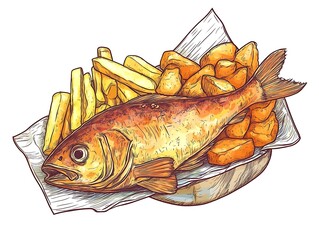 Deliciously Drawn: Crispy Fried Fish and Chips Illustration. AI Generated