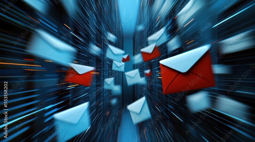 Poster a vibrant and dynamic digital scene of red envelopes flying through a network of blue data streams.