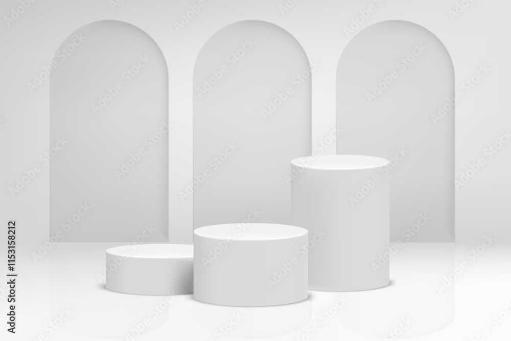 Poster bright studio with arc and podium. 3d vector background for product design