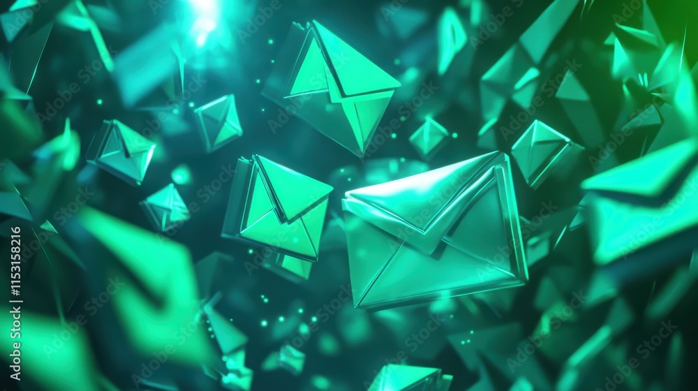 Poster a vibrant array of digital green envelopes floating in a futuristic space, symbolizing communication