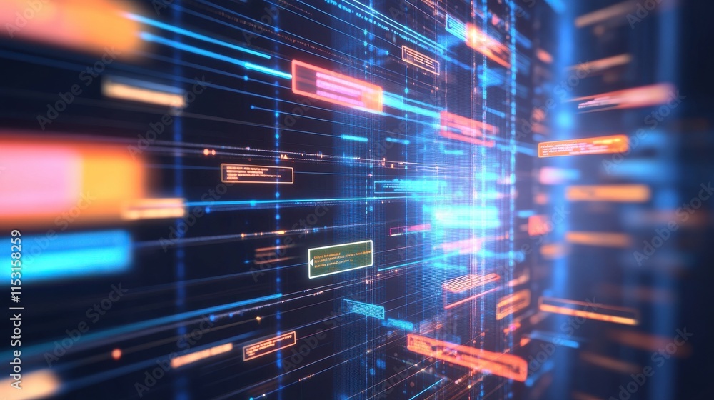Poster abstract digital data flow with glowing lines and neon text in a futuristic setting.