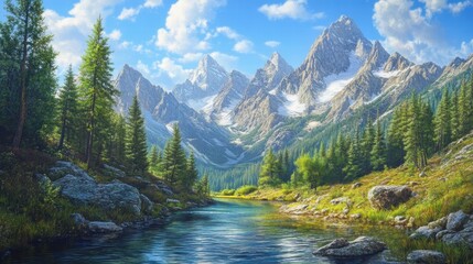 Serene Mountain Landscape with Clear River and Lush Greenery