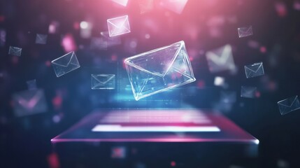 A futuristic scene featuring a translucent envelope surrounded by glowing email icons, symbolizing digital communication.