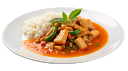 Red Thai Curry with Vegetables and Rice on White Plate Isolated on Transparent Background (PNG).