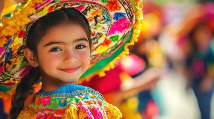 Fototapeta premium Smiling Girl in a Traditional Colorful Dress and Hat